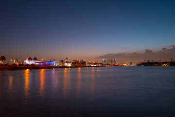 Miami at sunset. Miami Florida, colorful skyline of Macarthur causeway.