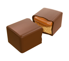 Chocolate bar broken with caramel filling. Isolated background. 3d illustration.