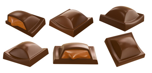 Chocolate pieces with caramel filling. Isolated on white background. Clipping path. Design element. 3d illustration.