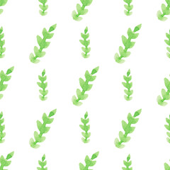Seamless pattern with hand-drawn watercolor green branches with leaves on white. Summer, spring season. Organic, natural, freshness concept for textile, print, etc.