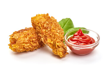 Fried chicken strips in breadcrumbs, isolated on white background.