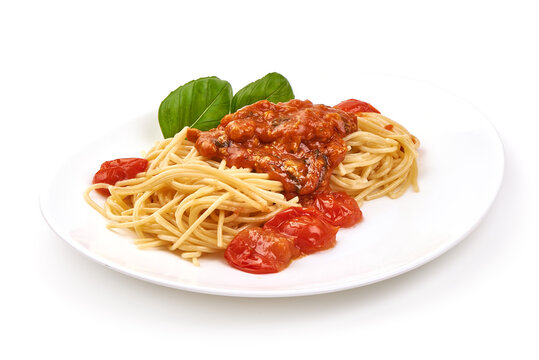 Spaghetti bolognese, Italian cuisine, isolated on white background.