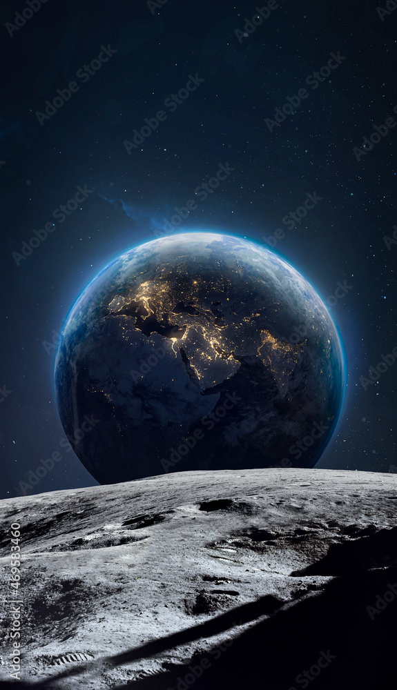 Poster Moon surface and Earth planet at night in outer space. Artemis lunar space program. Return to Moon. Elements of this image furnished by NASA