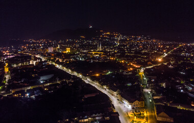 The town of Vršac at night. Aerial photography. 