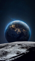 Moon surface and Earth planet at night in outer space. Artemis lunar space program. Return to Moon....