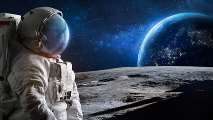 Astronaut on Moon surface. Spaceman moonwalks. Artemis lunar program. Return to Moon. Elements of this image furnished by NASA - obrazy, fototapety, plakaty