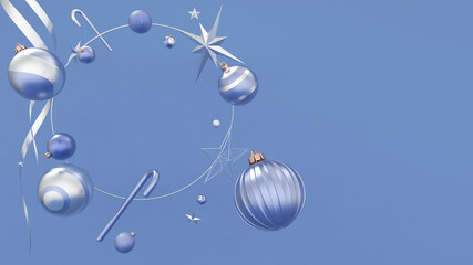 Blue and silver balls, stars and baubles in perspective. Christmas and New Year background, nice design for greeting card, invitation, poster or any more design, decoration. Banner, 3D illustration.