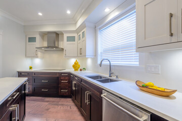 Modern, bright, clean, kitchen interior with stainless steel appliances in a luxury house
