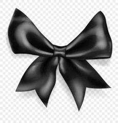 Beautiful big bow made of black ribbon with shadow, isolated on transparent background. Transparency only in vector format
