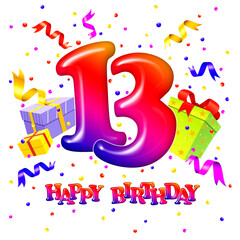 13 year birthday. Celebration background with number thirteen and gift boxes. 13th anniversary. Colorful festive illustration for celebratory party and decoration.