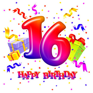 16 year birthday. Celebration background with number sixteen and gift boxes. 16th anniversary. Colorful festive illustration for celebratory party and decoration.