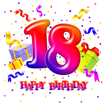 18 year birthday. Celebration background with number eighteen and gift boxes. 18th anniversary. Colorful festive illustration for celebratory party and decoration.