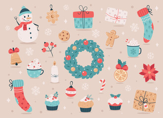 Christmas elements collection. Merry Christmas, Happy New Year objects. Vector illustration