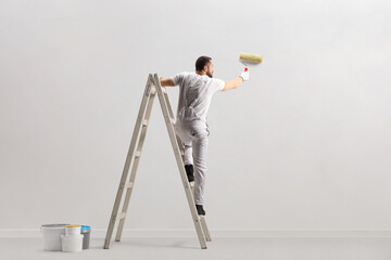 Rear view of a painter painting a wall on a ladder - obrazy, fototapety, plakaty