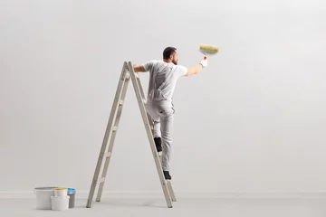 Foto op Aluminium Rear view of a painter painting a wall on a ladder © Ljupco Smokovski