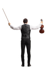 Rear view shot of a violinist holding a violin and a fiddlestick