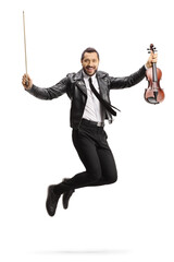 Modern violinist holding a violin and jumping