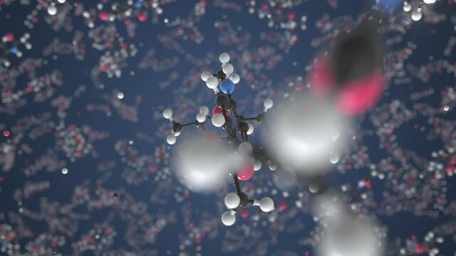 Phenacetin molecule made with balls, scientific molecular model. Looping 3D animation or motion background
