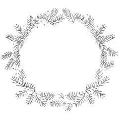 Silhouettes of Christmas wreaths. Round frames. Sublimation of fir branches, snowflakes and tinsel. Christmas silver. For postcards and invitations. Shiny silhouettes, ornaments in a circle
