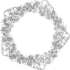 Silhouettes of Christmas wreaths. Round frames. Sublimation of fir branches, snowflakes and tinsel. Christmas silver. For postcards and invitations. Shiny silhouettes, ornaments in a circle