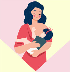 Vector illustration of mother breastfeeding her baby girl holding in her arms.