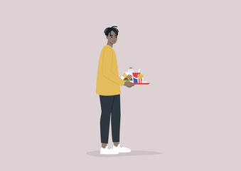 A young male African character holding a tray with fast food, a cheeseburger in a paper box, water in a plastic bottle, a glass of soda, french fries in a striped container, and sauce