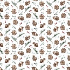 Christmas tree green fir tree, pine cone, red berries in seamless pattern background. New year holiday backdrop. For wallpaper, postcard, print, invitations, poster, packaging, textile, linens, linen