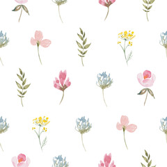 Watercolor botanical seamless pattern Delicate meadow wildflowers. Hand drawn Floral elements. For birthday, wedding card, invitation, greeting, mother day, linen, wrapping paper, wallpaper, textile.