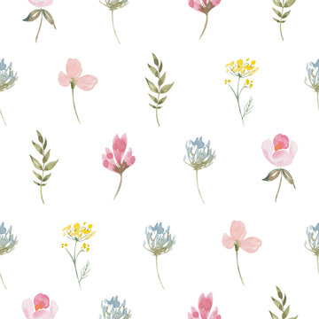 Watercolor botanical seamless pattern Delicate meadow wildflowers. Hand drawn Floral elements. For birthday, wedding card, invitation, greeting, mother day, linen, wrapping paper, wallpaper, textile.