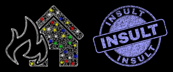 Glossy polygonal mesh web house fire disaster icon with glitter effect on a black background with Insult textured stamp seal. Illuminated vector mesh created from house fire disaster pictogram,