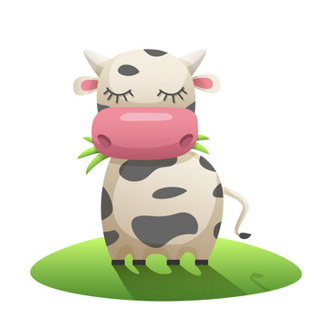 recommend clip art: Cartoon cow chewing grass in the meadow. Funny stylish spotted cow, vector illustration isolated on white background.