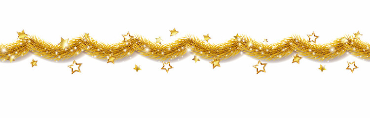 Christmas festive gold garland with stars isolated on white background. Xmas tree golden decor element seamless border. Vector holiday realistic decoration ribbon template © Kindlena
