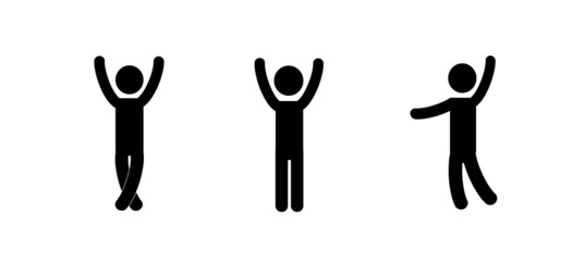 a set of pictograms, a standing person icon, various positions of standing people, a human figure, an isolated silhouette on a white background