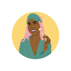 Illustration with a young African American woman in a robe and sleep mask. The girl makes a facial massage with a roller. Vector drawn in a flat style. Morning routine, love for your body.