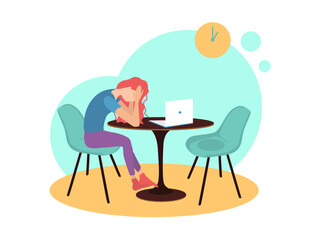 Vector illustration in flat style. A woman is sitting at a table opposite a laptop. Problems with working online. Depressed state from being at home. A lonely woman procrastinates at the computer.