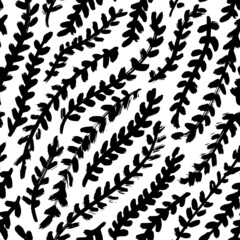 Seamless pattern with twigs silhouette. Plant texture with branches and leaves. Vector long leaf ornament. Hand drawn black brush strokes texture with decorative twigs. Tropical plants pattern.