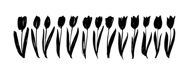 Black brush silhouettes of tulips. Floral clip art elements. Hand drawn dry brush style spring flowers. Black vector organic brushstrokes. Branches, leaves and buds. Collection of hand drawn tulips. 