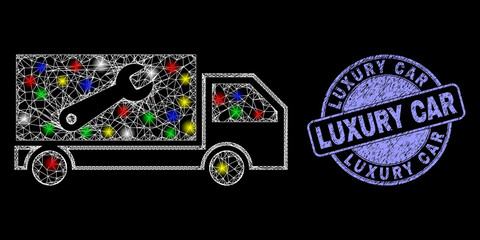 Glossy polygonal mesh web repair lorry icon with glare effect on a black background with Luxury Car unclean seal. Illuminated vector mesh created from repair lorry icon,