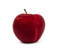 A whole ripe apple, red variety, on a white background with a shadow