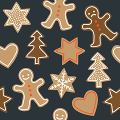 Seamless pattern with Christmas cookies on a dark background.