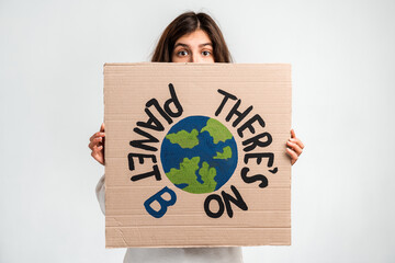 Caucasian brunette curly woman holding carton placard with Theres no planet B writing and hiding...