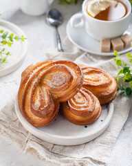 Butter Palmier bread,French pastry in palm leaf or butterfly shape.Buns on white plates