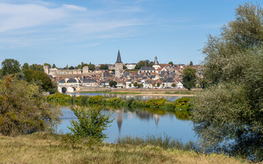 Fototapeta na wymiar View over the Loire of the town La Chapelle-Montlinard, France