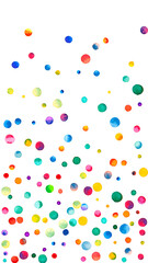 Watercolor confetti on white background. Alluring rainbow colored dots. Happy celebration high colorful bright card. Mesmeric hand painted confetti.