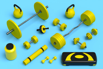 Isometric view of sport equipment like kettlebell, dumbbell and smart watches