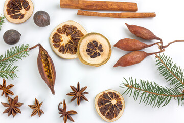 Holidays background. Ingredients of Christmas cake on white background. Christmas and New Year concept. Flat lay. Copy space.