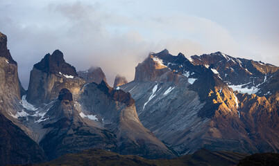 Torres del Paine peaks in clouds, Torres del Paine National Park, Chile