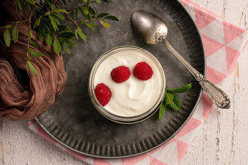 Yoghurt with raspberries on a metal plate