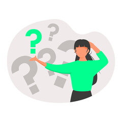 Asking questions with doubt, confusion and unknown information tiny person concept. Female with many question marks symbols in thoughtful posture vector illustration. Search answer to various problems