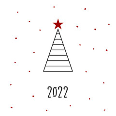 Black silhouette of a Christmas tree with red snow and star. Merry Christmas and Happy New Year 2022. Vector illustration.